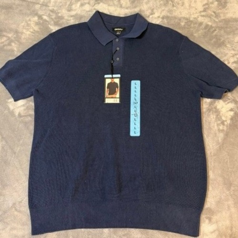 DKNY Mens Navy Blue Ribbed Knit 100% Cotton Short Sleeve Sweater Polo Large NEW